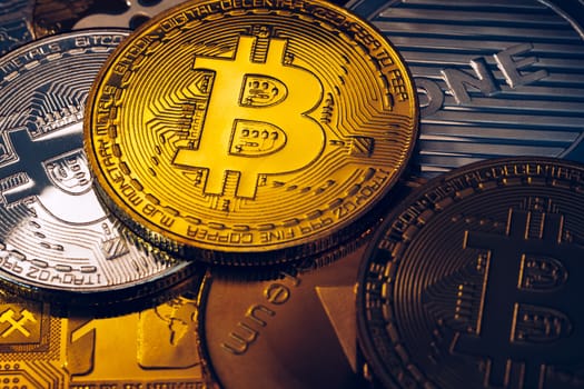 Set of cryptocurrencies with Bitcoin, Etherium, Ripple, Litecoin. Cryptocurrencys new digital money. Bitcoin on the front as the leader. Bitcoin as most important cryptocurrency.