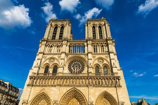 Notre Dame de Paris cathedral, France. Notre Dame de Paris Cathedral, most beautiful Cathedral in Paris. Picturesque sunset over Cathedral of Notre Dame de Paris, destroyed in a fire in 2019, Paris.