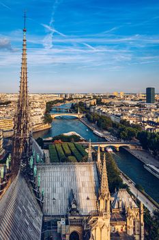 Notre Dame de Paris cathedral, France. Notre Dame de Paris Cathedral, most beautiful Cathedral in Paris. Picturesque sunset over Cathedral of Notre Dame de Paris, destroyed in a fire in 2019, Paris.