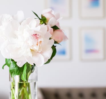 Chic bouquet of peony flowers in vase as home decor idea, luxury interior design and decoration concept