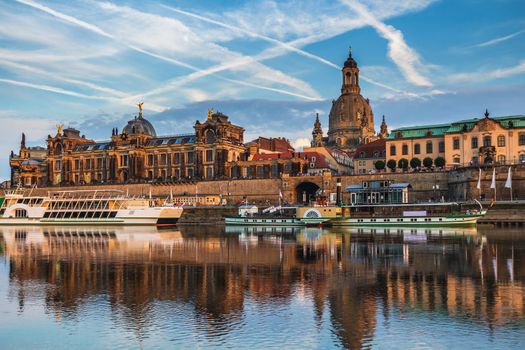 Dresden panorama with Bruhl Terrace (so called Balcony of Europe), the Church of Our Lady and the Elbe, Dresden, Saxony, Germany