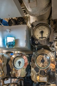 Oahu, Hawaii, USA. - January 10, 2020: Pearl Harbor. Speed dials and measuring equipment in long submarine USS Bowfin.
