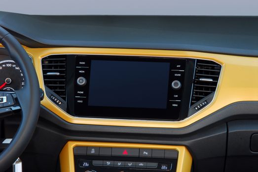 Modern car dashboard. Screen multimedia system. Interior detail