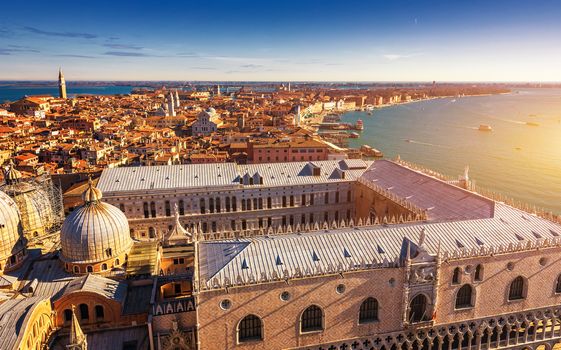 View of the dome of San Giorgio Maggiore church and Giudecca Canal in Venice, Italy. Amazing aerial view on the beautiful Venice, Italy. Venice from above, Venice landmark with old buildings.