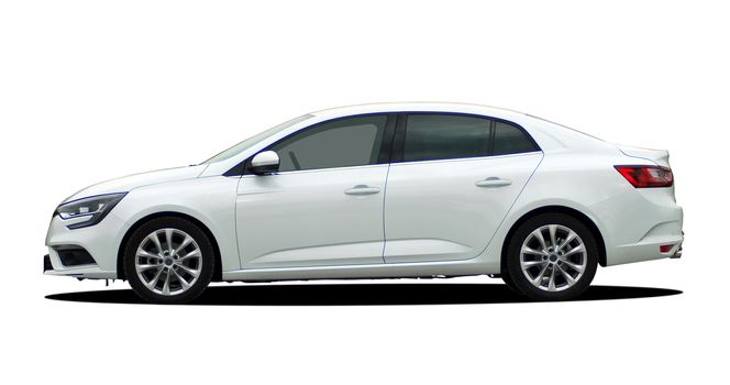 sedan side view, car on white background
