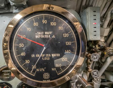 Oahu, Hawaii, USA. - January 10, 2020: Pearl Harbor. Closeup of Depth dial and measuring equipment in long submarine USS Bowfin.