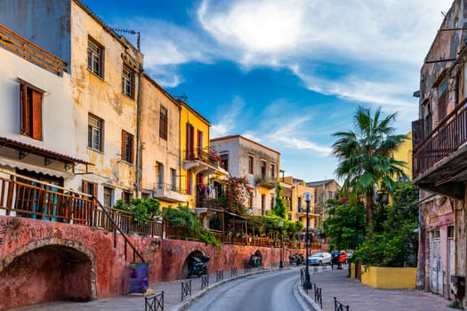Street in the old town of Chania, Crete, Greece. Charming streets of Greek islands, Crete. Beautiful street in Chania, Crete island, Greece. Summer landscape. Chania old street of Crete island Greece.