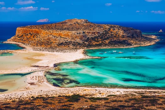 Amazing beach with turquoise water at Balos Lagoon and Gramvousa in Crete, Greece. Cap tigani in the center. Balos beach on Crete island, Greece. Landscape of Balos beach at Crete island in Greece.