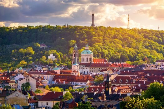 Scenic view on Vltava river and historical center of Prague, buildings and landmarks of old town, Prague, Czech Republic. Charles Bridge (Karluv Most) and Lesser Town Tower, Prague, Czechia