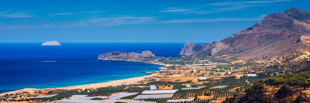 Shot of beautiful turquoise beach Falasarna (Falassarna) in Crete, Greece. View of famous paradise sandy deep turquoise beach of Falasarna (Phalasarna) in North West, Crete island, Greece.