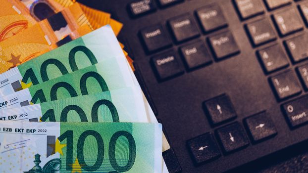 Euro money, Euro cash background. Banknotes of the european union. Euro cash. Many Euro banknotes of different values. 