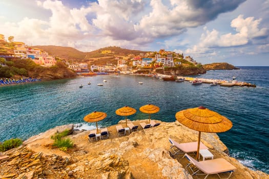 Famous summer resort in Bali village, near Rethimno, Crete, Greece. Seaview at Bali village, the Crete Island, Greece. View from cliff on Bay with beach and architecture Bali, Rethymno, Crete, Greece.