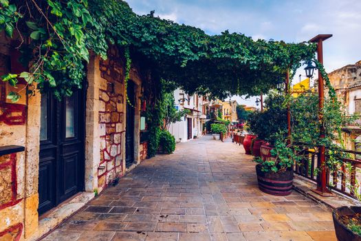 Street in the old town of Chania, Crete, Greece. Charming streets of Greek islands, Crete. Beautiful street in Chania, Crete island, Greece. Summer landscape. Chania old street of Crete island Greece.
