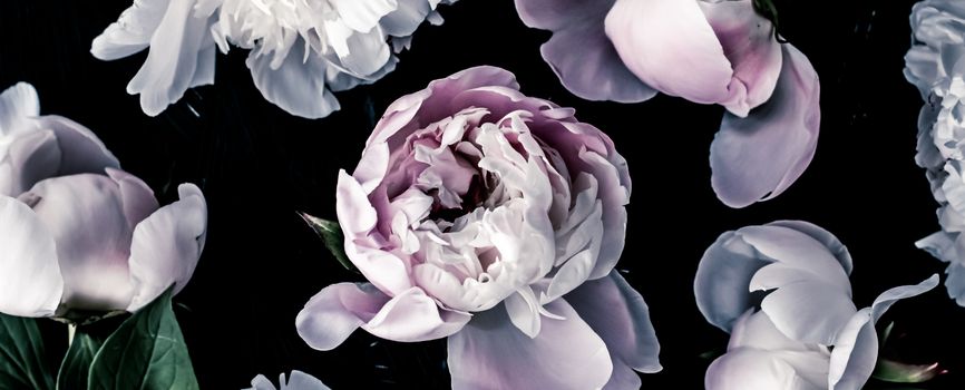 Pastel peony flowers as floral art background, botanical flatlay and luxury branding design