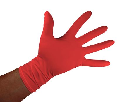 Red medical rubber gloves, isolated on white background. Clipping Path included.