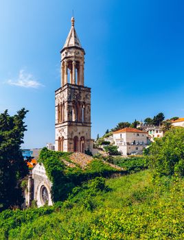 Colorful scenery in mediterranean town Hvar, famous travel place on Adriatic Sea, Croatia. Amazing Hvar city on Hvar island, Croatia. View of the Hvar town, Hvar island, Dalmatia, Croatia.