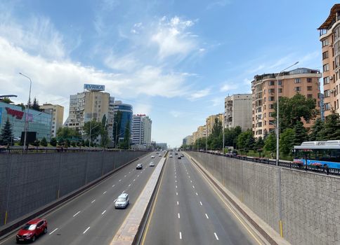 Almaty, Kazakhstan - June 1, 2020: View from Al-Farabi avenue, it is one of the main roads in the city of Almaty