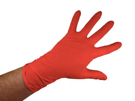 Red medical rubber gloves, isolated on white background. Clipping Path included.