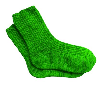 Green pair of woolen socks isolated on white background. Clipping Path included.