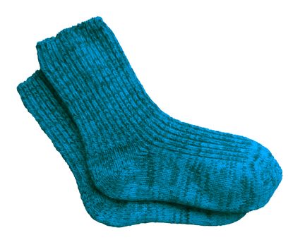 Blue pair of woolen socks isolated on white background. Clipping Path included.