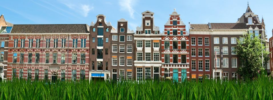 View of Amsterdam city and typical dutch houses