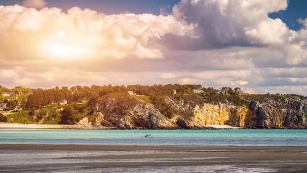 Beautiful area of Morgat with the sand beach and rocky coastline, Finistere, Brittany (Bretagne), France.