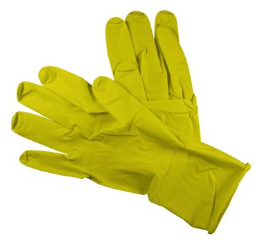 Pair of yellow medical rubber gloves, isolated on white background. Clipping Path included.