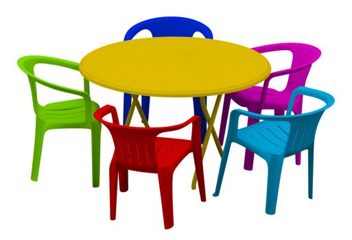 Colorful plastic table and chairs isolated on white. Clipping path included.