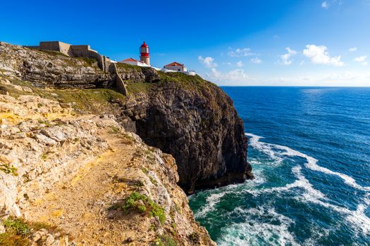 Lighthouse of Cabo Sao Vicente, Sagres, Portugal. Farol do Cabo Sao Vicente (built in october 1851) Cabo de Sao Vicente is the South Western tip of Europe, Sagres, Portugal.