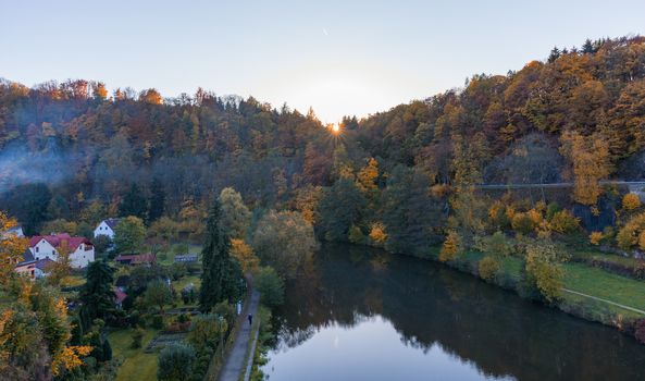 Colorful town Loket in autumn over Eger river in the Sokolov District in the Karlovy Vary region of the Czech Republic