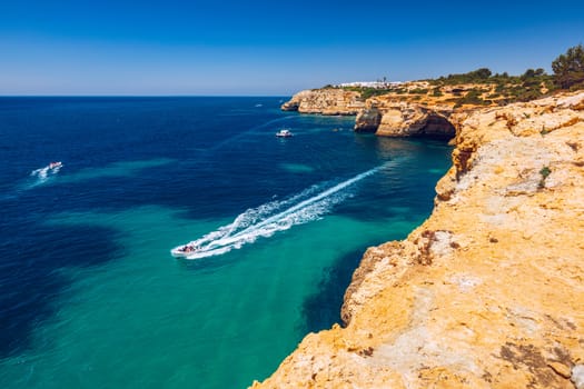 Corredoura Beach, sighted viewpoint on the trail of the Seven Suspended Valleys (Sete Vales Suspensos). Praia da Corredoura near Benagil village, District Faro, Algarve, Southern Portugal.