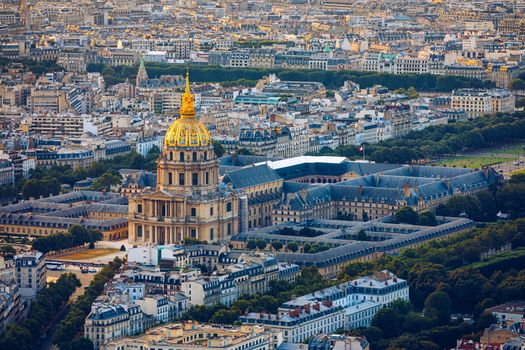 Paris aerial with Les Invalides, France. Twilight aerial view of Paris, France from Montparnasse Tower with Les Invalides building. Beautiful Les Invalides in Paris, France