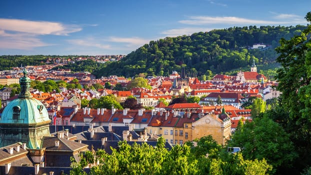 View of the Vltava River and the bridges shined with the sunset sun, Prague, the Czech Republic