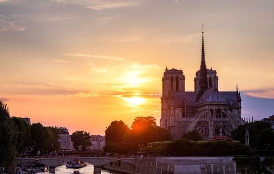 Notre Dame de Paris cathedral, France. Notre Dame de Paris Cathedral, most beautiful Cathedral in Paris. Picturesque sunset over Cathedral of Notre Dame de Paris, destroyed in a fire in 2019, Paris.