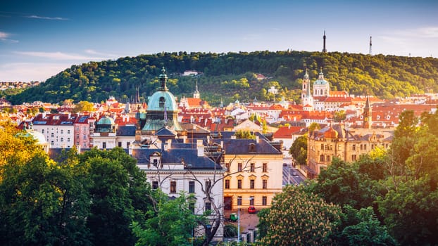 View of the Vltava River and the bridges shined with the sunset sun, Prague, the Czech Republic