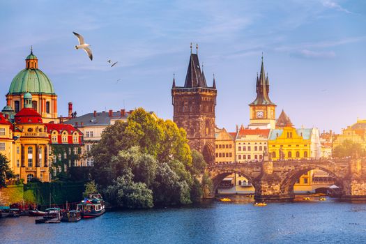 Charles Bridge, Old Town and Old Town Tower of Charles Bridge, Prague, Czech Republic. Prague old town and iconic Charles bridge, Czech Republic. Charles Bridge (Karluv Most) and Old Town Tower.