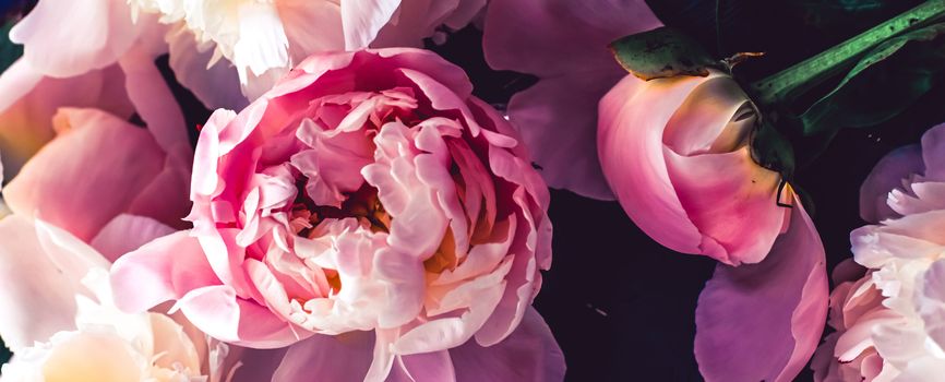 Pink peony flowers as floral art background, botanical flatlay and luxury branding design