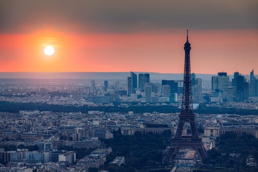 High resolution aerial panorama of Paris, France taken from the Notre Dame Cathedral before the destructive fire of 15.04.2019. The river Seine. Aerial view of Paris at sunset. Paris, France.