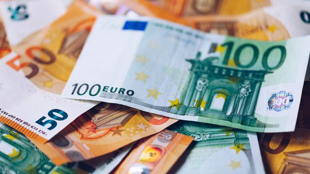 Euro money, Euro cash background. Banknotes of the european union. Euro cash. Many Euro banknotes of different values. 