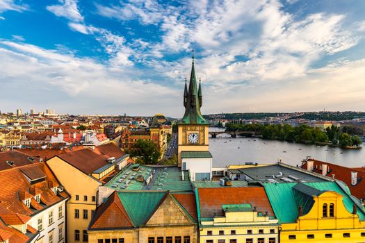Charles Bridge in Prague in Czechia. Prague, Czech Republic. Charles Bridge (Karluv Most) and Old Town Tower. Vltava River and Charles Bridge. Concept of world travel, sightseeing and tourism.
