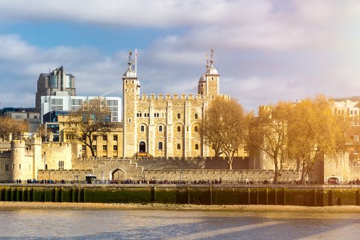 Tower of London located on the north bank of the River Thames in central London, UK