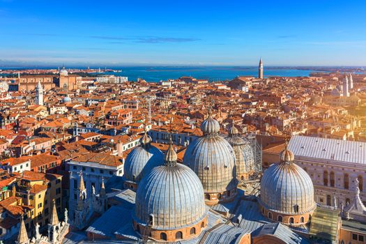 View of the dome of San Giorgio Maggiore church and Giudecca Canal in Venice, Italy. Amazing aerial view on the beautiful Venice, Italy. Venice from above, Venice landmark with old buildings.