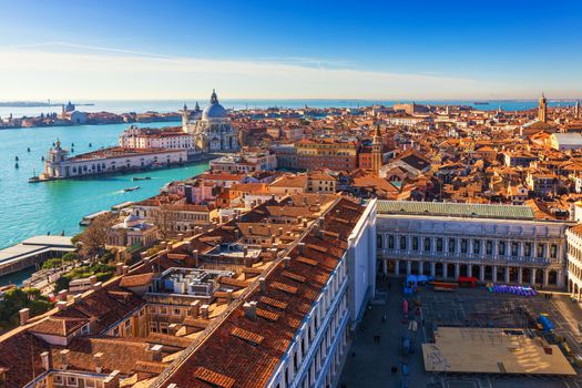 Aerial View of the Grand Canal and Basilica Santa Maria della Salute, Venice, Italy. Venice is a popular tourist destination of Europe. Venice, Italy.