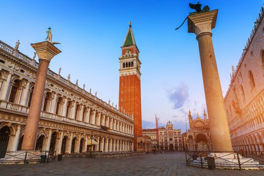 Campanile and Venice Doge's palace on San Marco square in Venice, Italy. Venice Grand Canal. Architecture and landmarks of Venice.