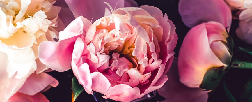 Pink peony flowers as floral art background, botanical flatlay and luxury branding design