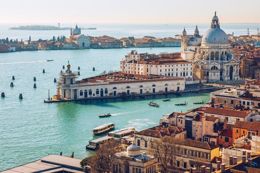 Venice panoramic aerial view with red roofs, Veneto, Italy. Aerial view of the Venice city, Italy. Venice is a popular tourist destination of Europe. Venice, Italy.