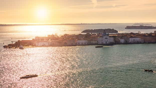 Aerial view at San Giorgio Maggiore island, Venice, Italy. Canal Grande with San Giorgio Maggiore church, Venice, Italy. The church of San Giorgio Maggiore on Isola San Giorgio, Venice