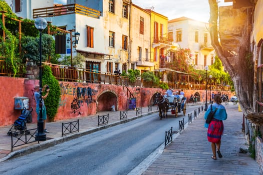 Charming streets of Greek islands, Crete. Street in the old town of Chania, Crete, Greece. Beautiful street in Chania, Crete island, Greece. Summer landscape. Travel and vacation.