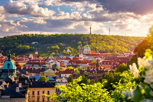 Spring view in Letna Park, Prague, Czech Republic. Spring in Prague (Praha), beautiful Letna park (Letenske sady) in sunlight, sunny landscape, popular tourist destination, Prague, Czech Republic