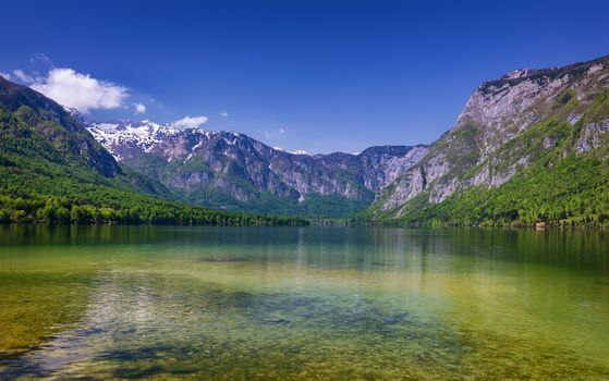 Lake Bohinj in Slovenia, beauty in nature. Colorful summer on the Bohinj lake in Triglav national park Slovenia, Alps, Europe. Mountain Lake bohinj in Julian Alps, Slovenia